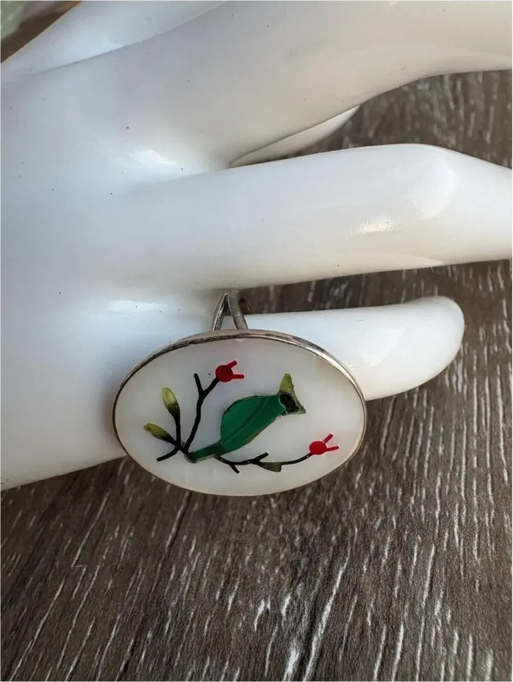 Vintage Inlay Bird and Flower Design Ring - Size 5 - Picture 2 of 5
